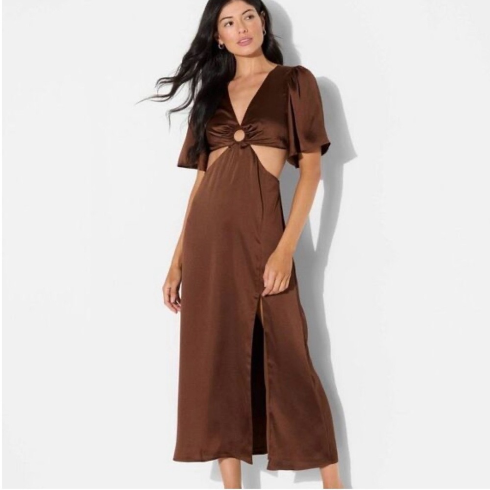 🌸2/$20 NWT Wild Fable Women's Flutter Sleeve Satin Cap Maxi Dress- Brown XS